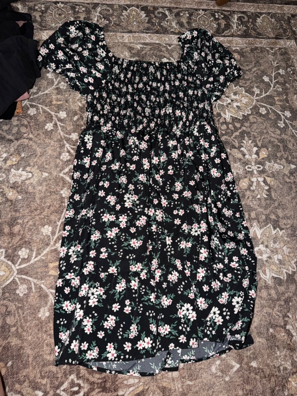 Black Floral Smocked Short Sleeve Dress